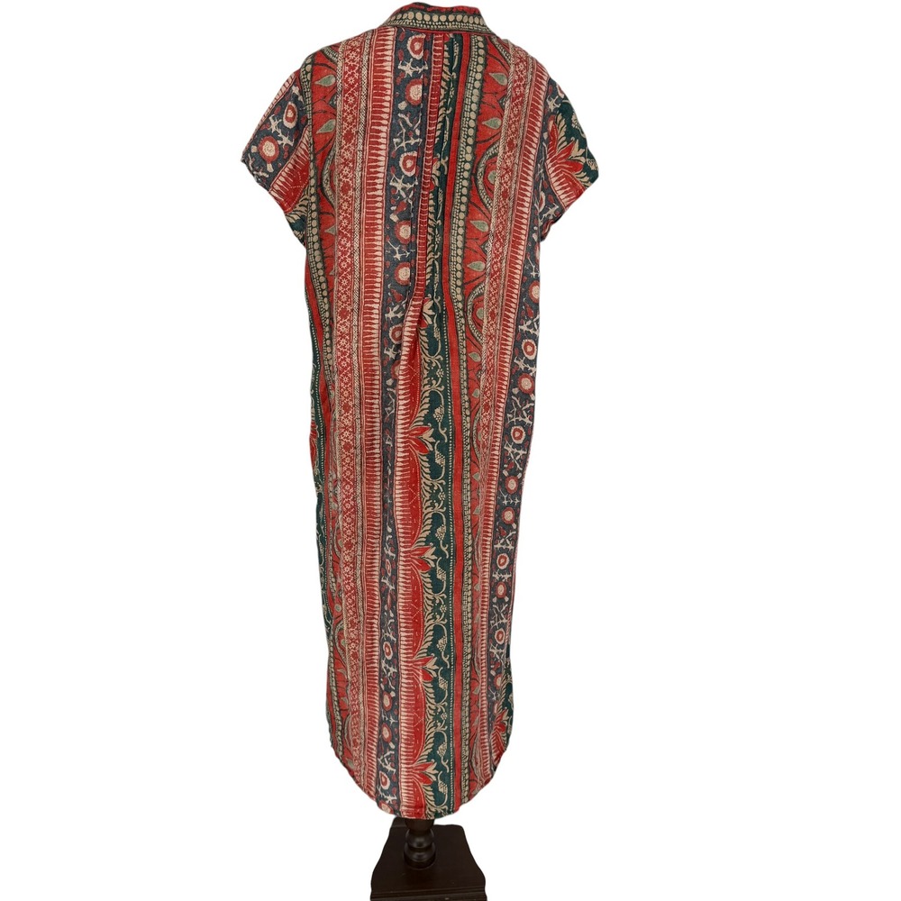 Peruvian Connection Block Print 100% Linen Maxi Caftan Long Dress XL Pockets - Picture 5 of 8